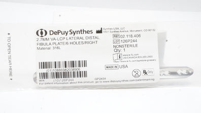 DePuy Synthes 02.118.406 2.7mm VA-LCP Lateral Distal Fibula Plate/6Holes/Right